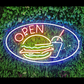 Burger And Drink Open Neon Sign