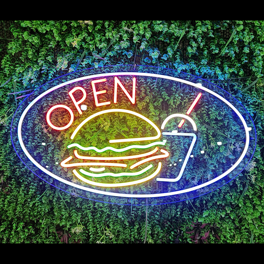 Burger And Drink Open Neon Sign
