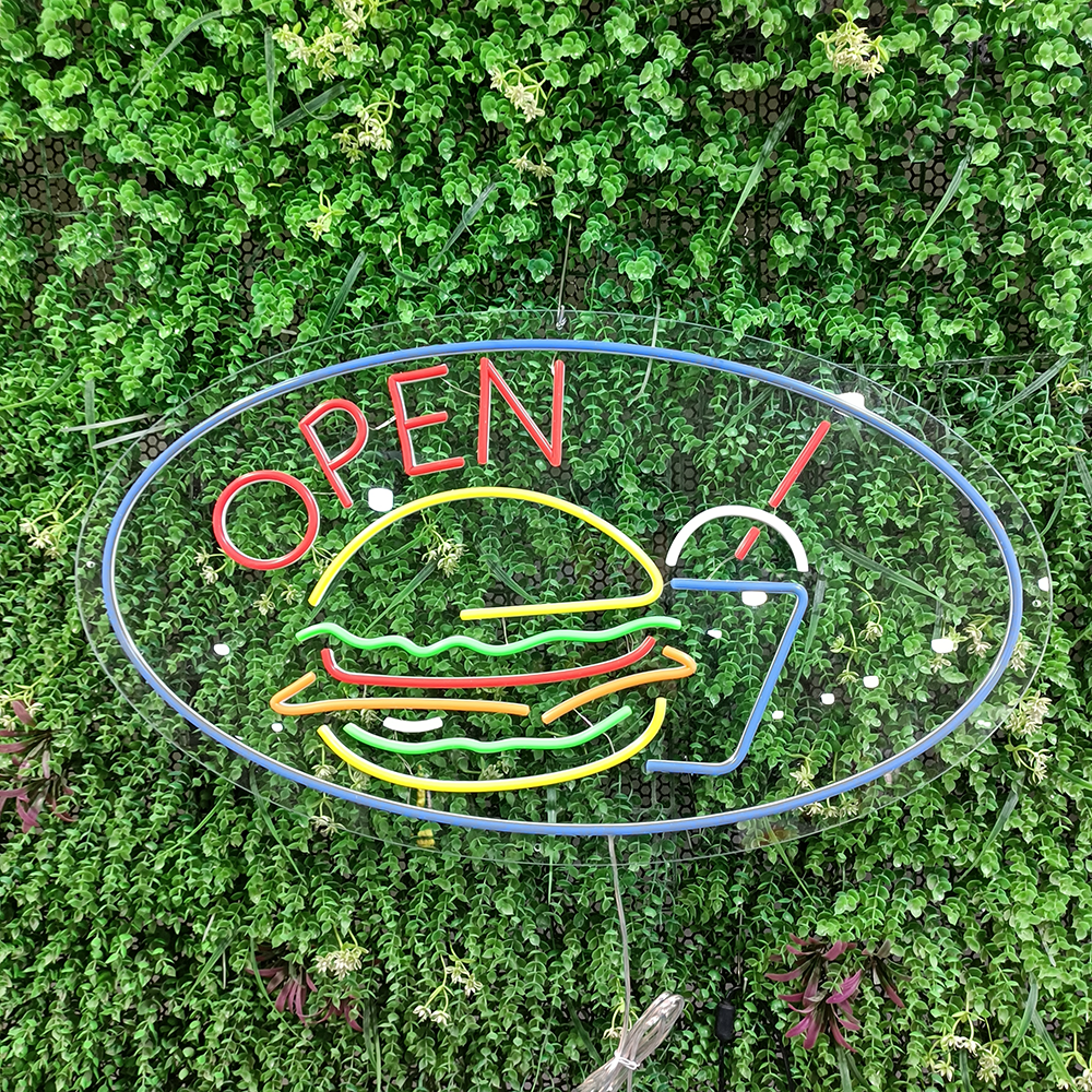 Burger And Drink Open Neon Sign