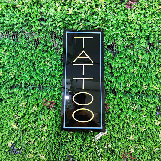Vertical Yellow Tattoo Blue Border Neon Sign