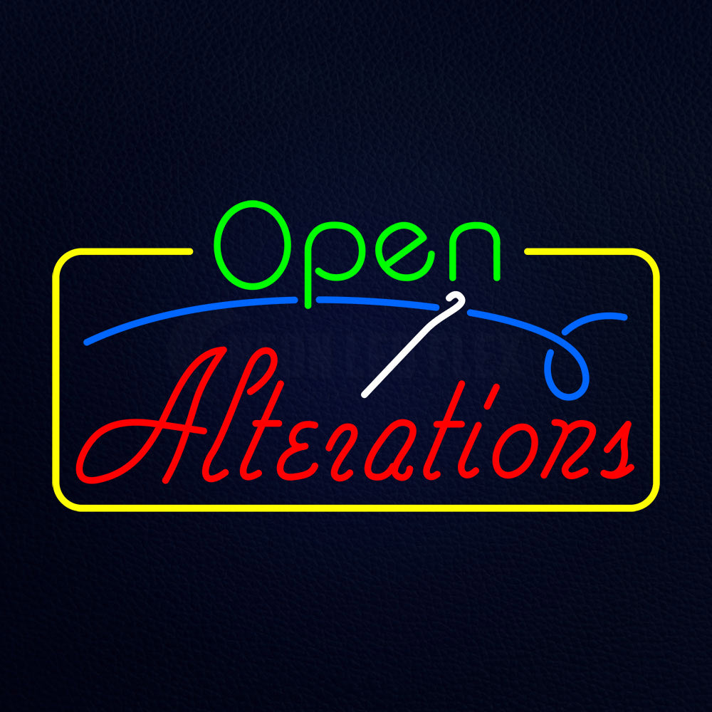 Green Open Red Alterations Yellow Border Neon Flex Sign