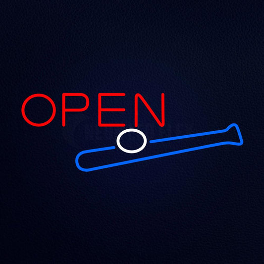 Open in Bright Red With Blue Bat and White Ball Neon Flex Sign