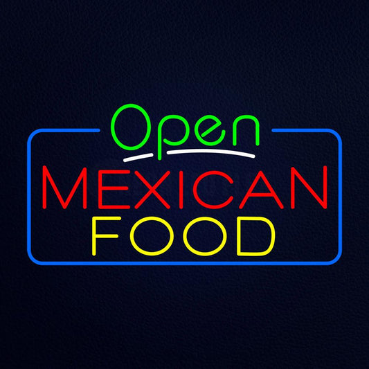 Open Mexican Food With Blue Border Neon Flex Sign