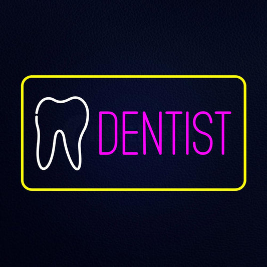 Pink Dentist Tooth Logo Yellow Border Neon Flex Sign