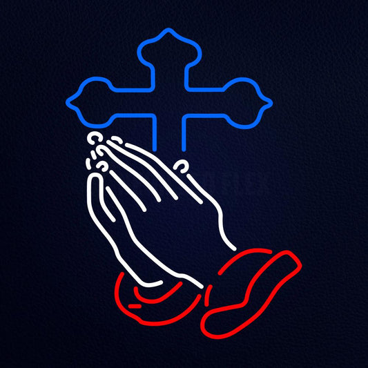 Praying Hands Blue Cross Neon Flex Sign