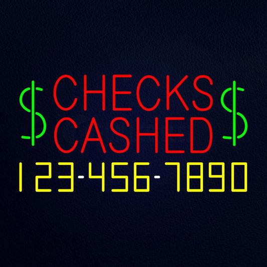 Red Checks Cashed Dollar Logo With Phone Number Neon Flex Sign