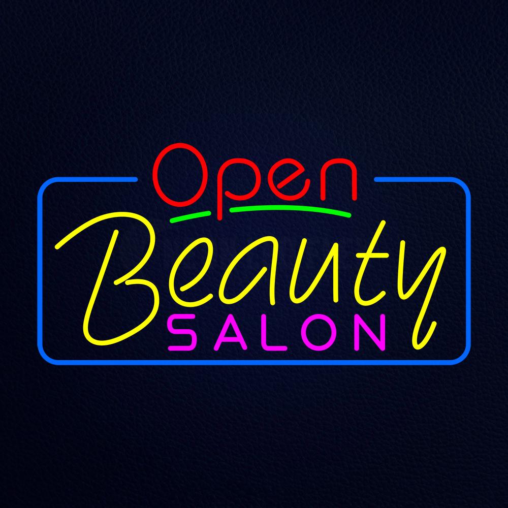 Red Open Beauty Salon With Blue Border Neon Flex Sign