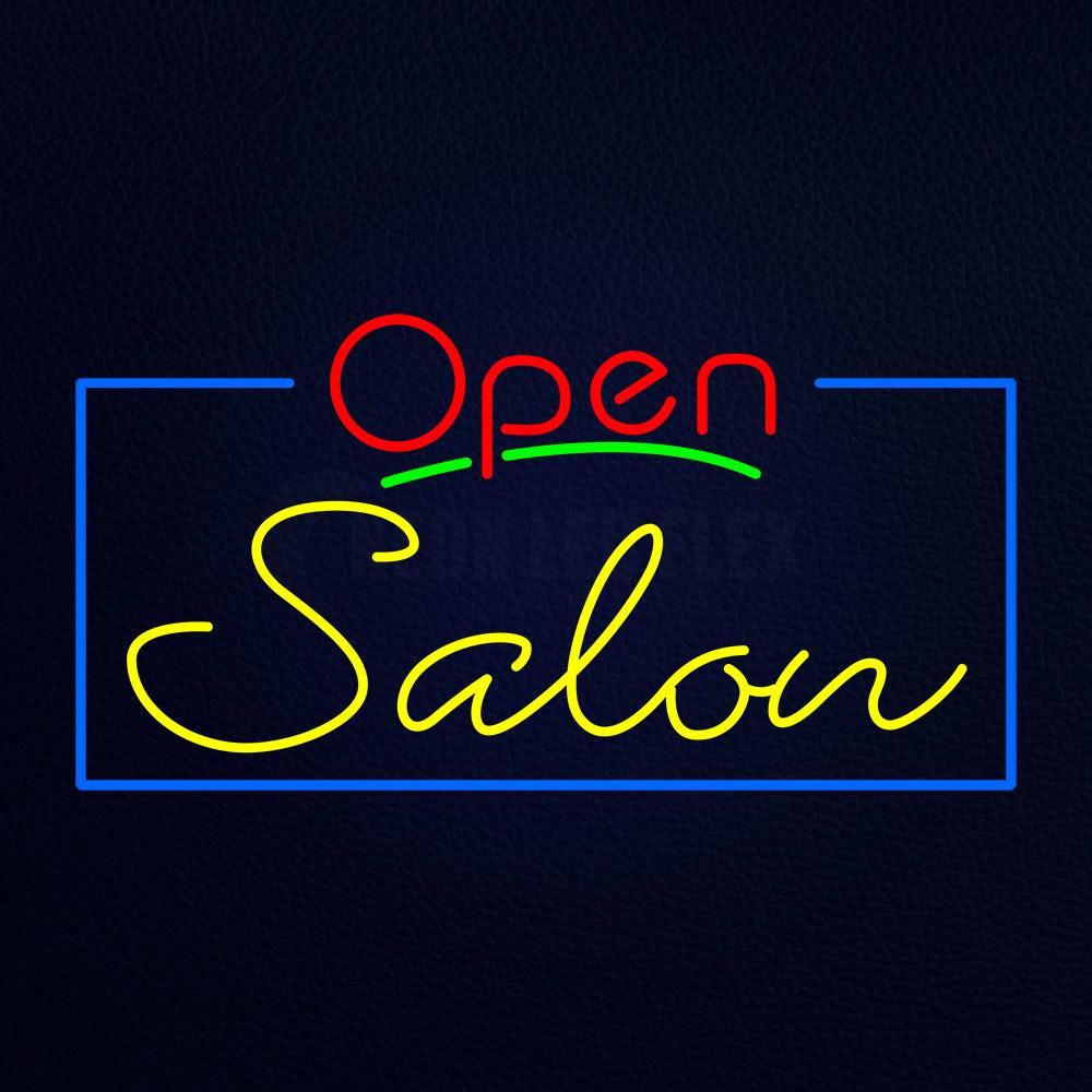 Red Open Salon With Blue Border Neon Flex Sign