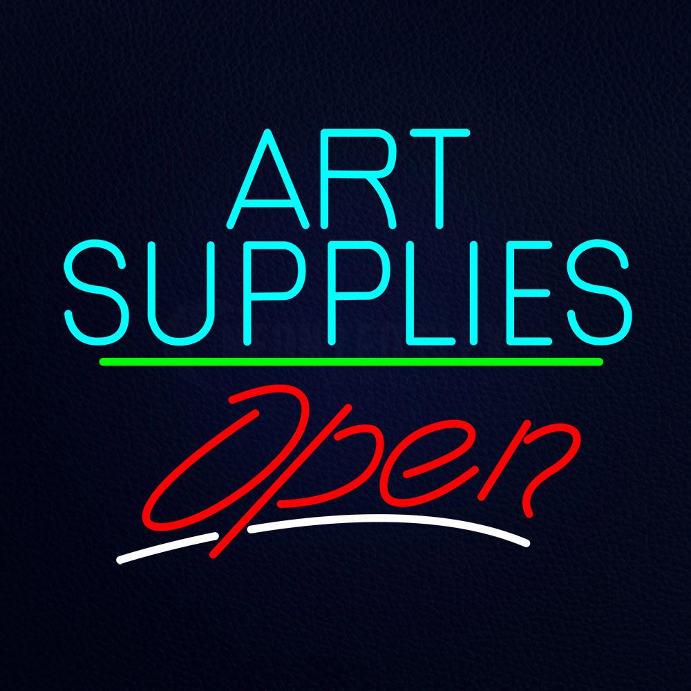 Turquoise Art Supplies With Open Neon Flex Sign