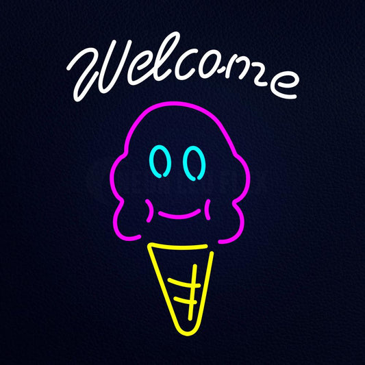 Welcome Ice Cream Cone and Smiling Face Neon Flex Sign