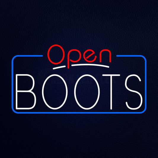 White Boots Open With Border Neon Flex Sign