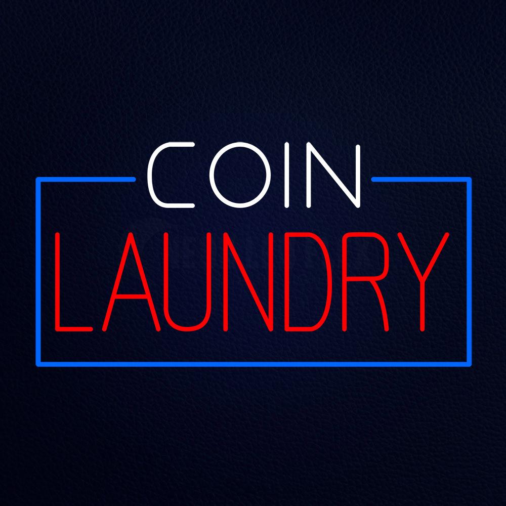 White Coin Red Laundry Blue Border Neon Flex Sign