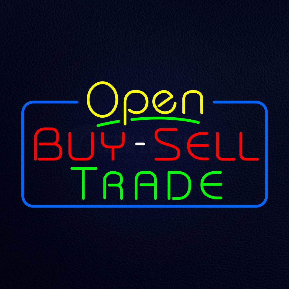 Yellow Open Buy Sell Trade Blue Border Neon Flex Sign