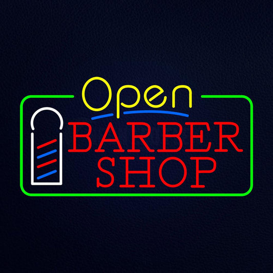 Yellow Open Red Barber Shop Green Border Neon Flex Sign