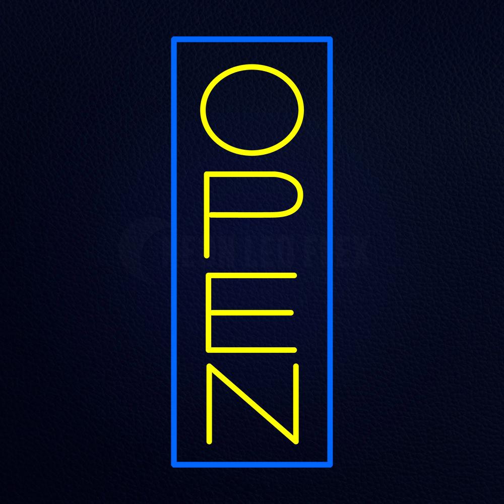 Yellow Open With Blue Border Vertical Neon Flex Sign