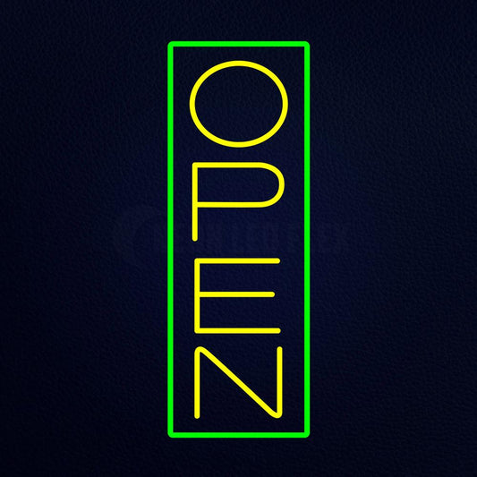 Yellow Open With Green Border Vertical Neon Flex Sign