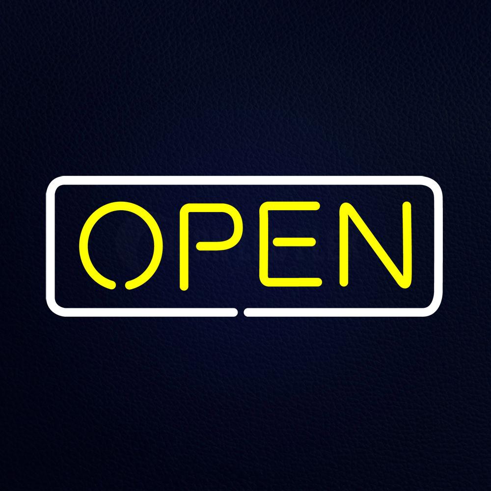 Yellow Open With White Border Neon Flex Sign