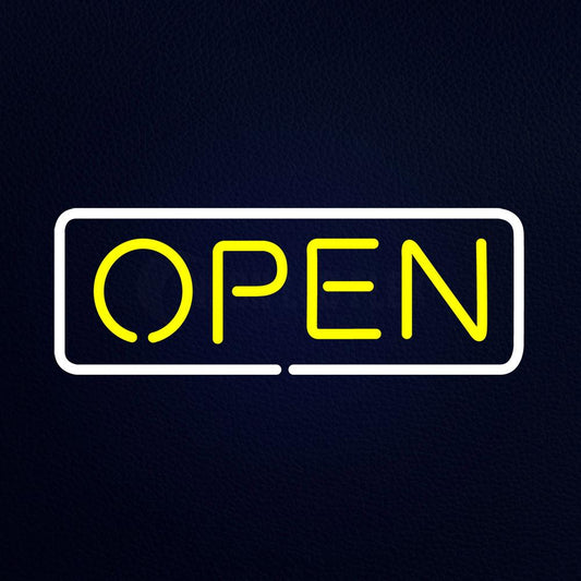 Yellow Open With White Border Neon Flex Sign