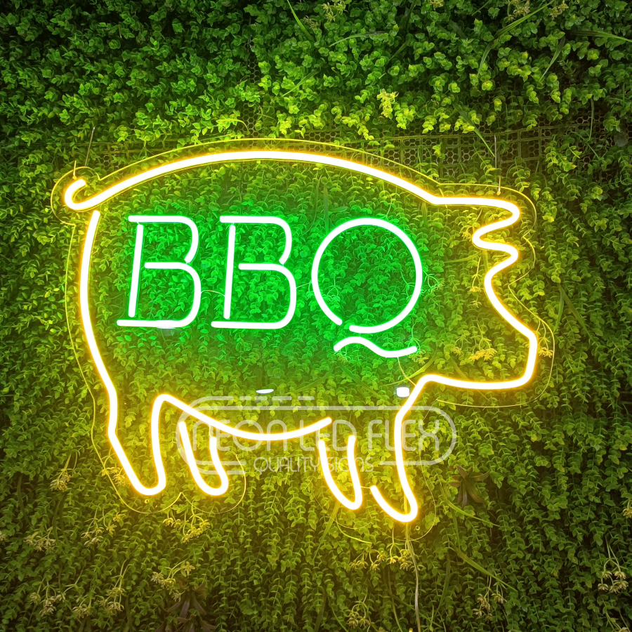 Yellow Pig Green BBQ Neon Sign